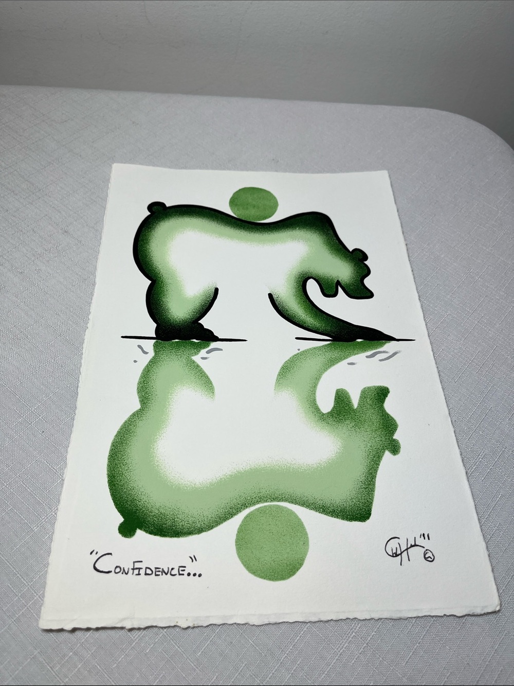 Signed 'Confidence' Green Abstract Bear Print - Inuit Art